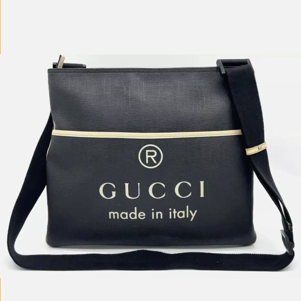 Authentic Gucci Logo Messenger Crossbody Bag Black Canvas Leather Trim Designer